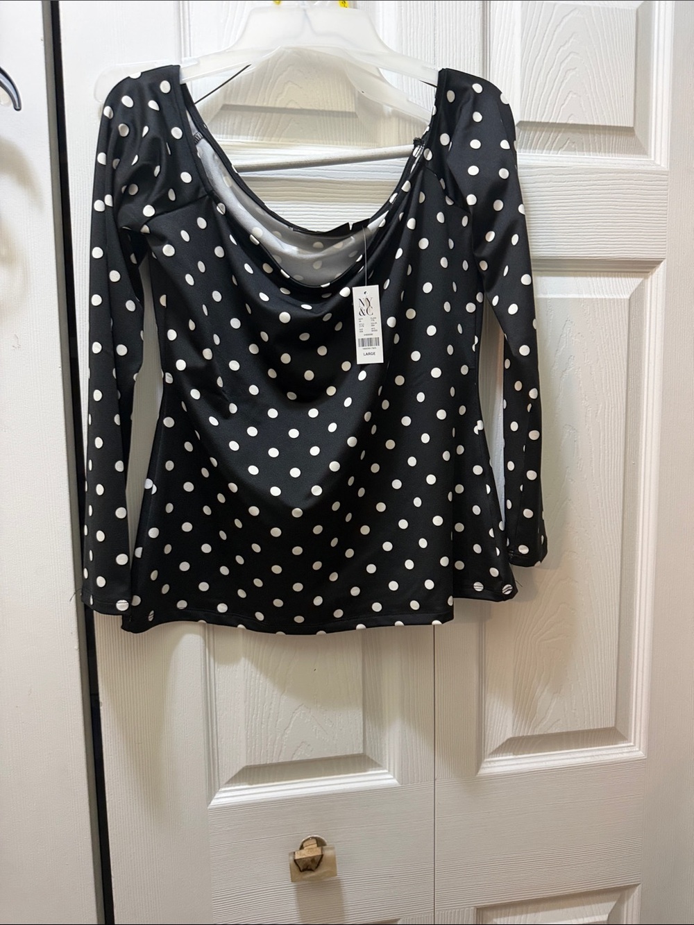 Polka Dot Cowl Neck Long-Sleeve Top - Black/White
